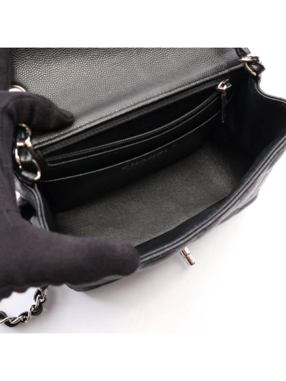 Chanel Shoulder Bag Mini Quilted Black Caviar Leather Chain